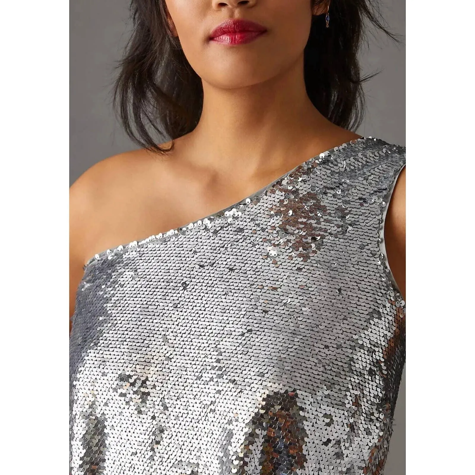 Anthropologie Maeve Sequin One Shoulder Midi Dress Size M New Silver