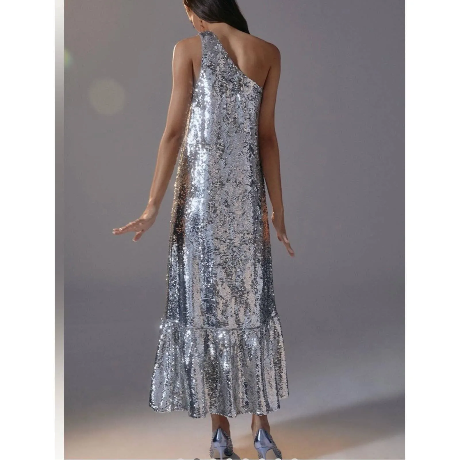 Anthropologie Maeve Sequin One Shoulder Midi Dress Size M New Silver