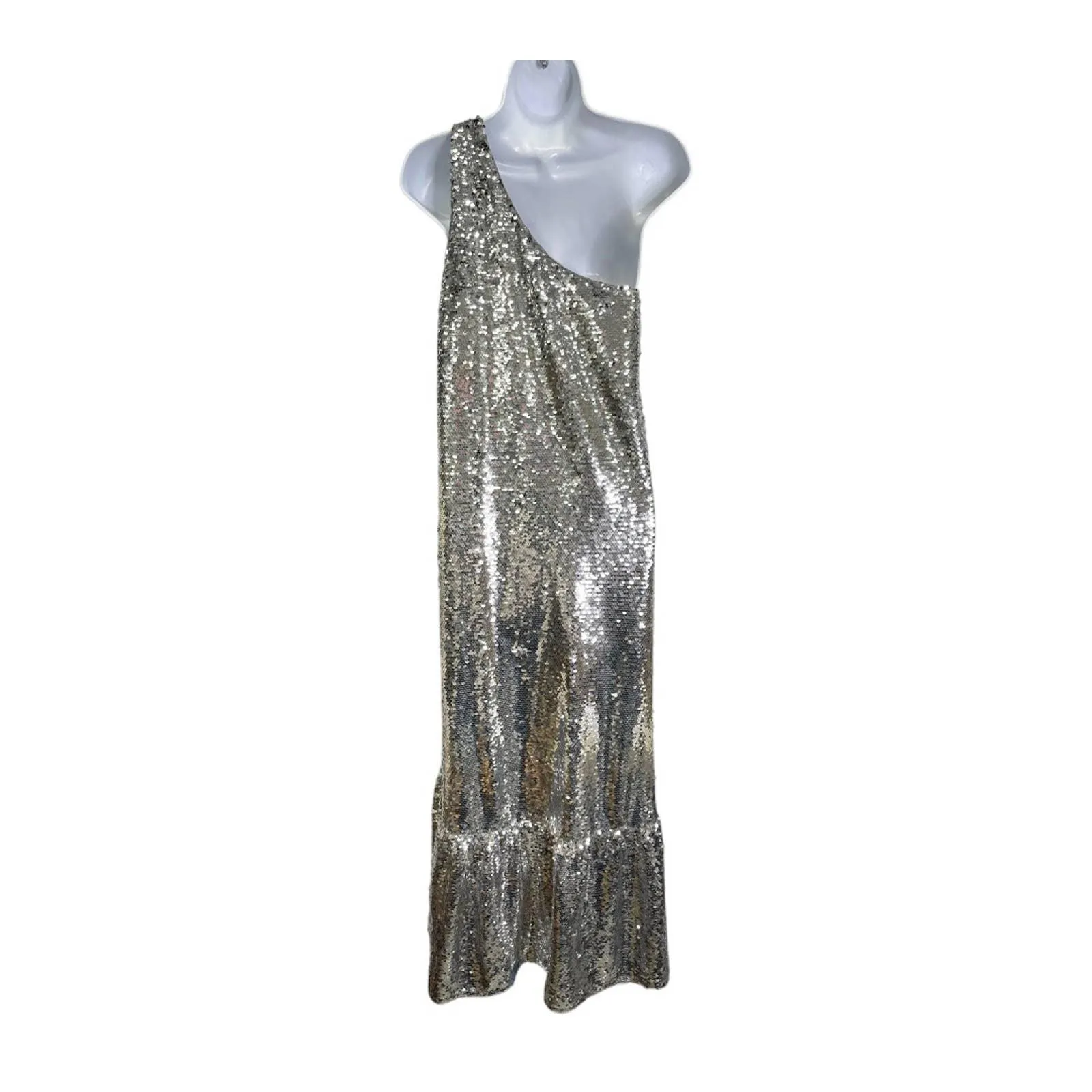 Anthropologie Maeve Sequin One Shoulder Midi Dress Size M New Silver