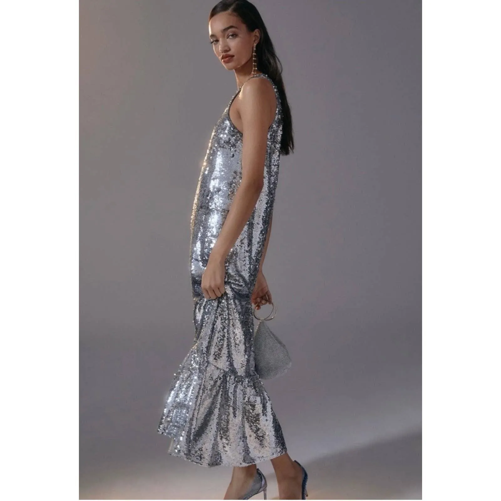 Anthropologie Maeve Sequin One Shoulder Midi Dress Size M New Silver