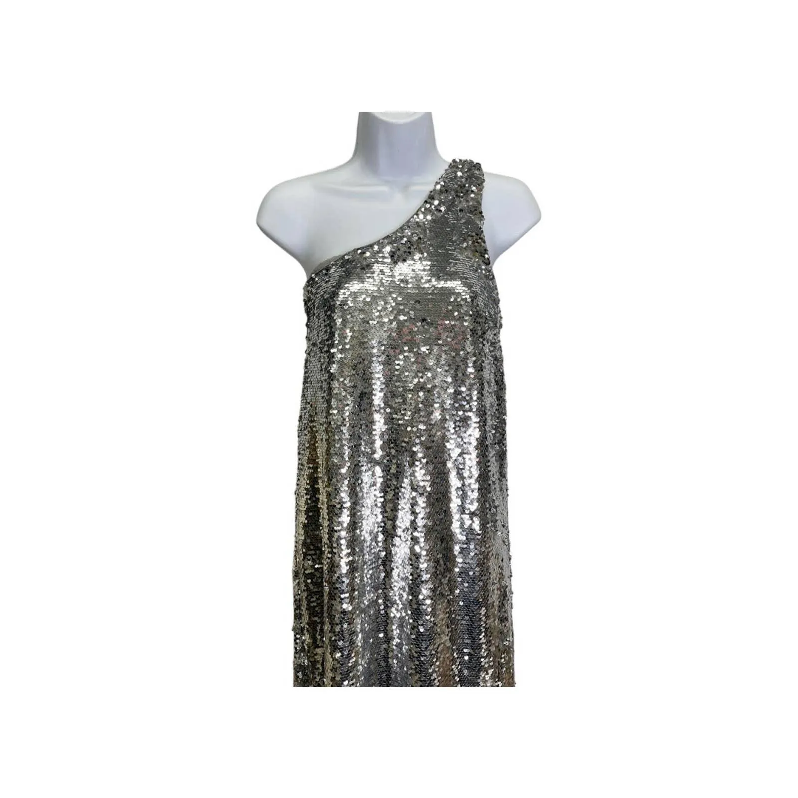 Anthropologie Maeve Sequin One Shoulder Midi Dress Size M New Silver