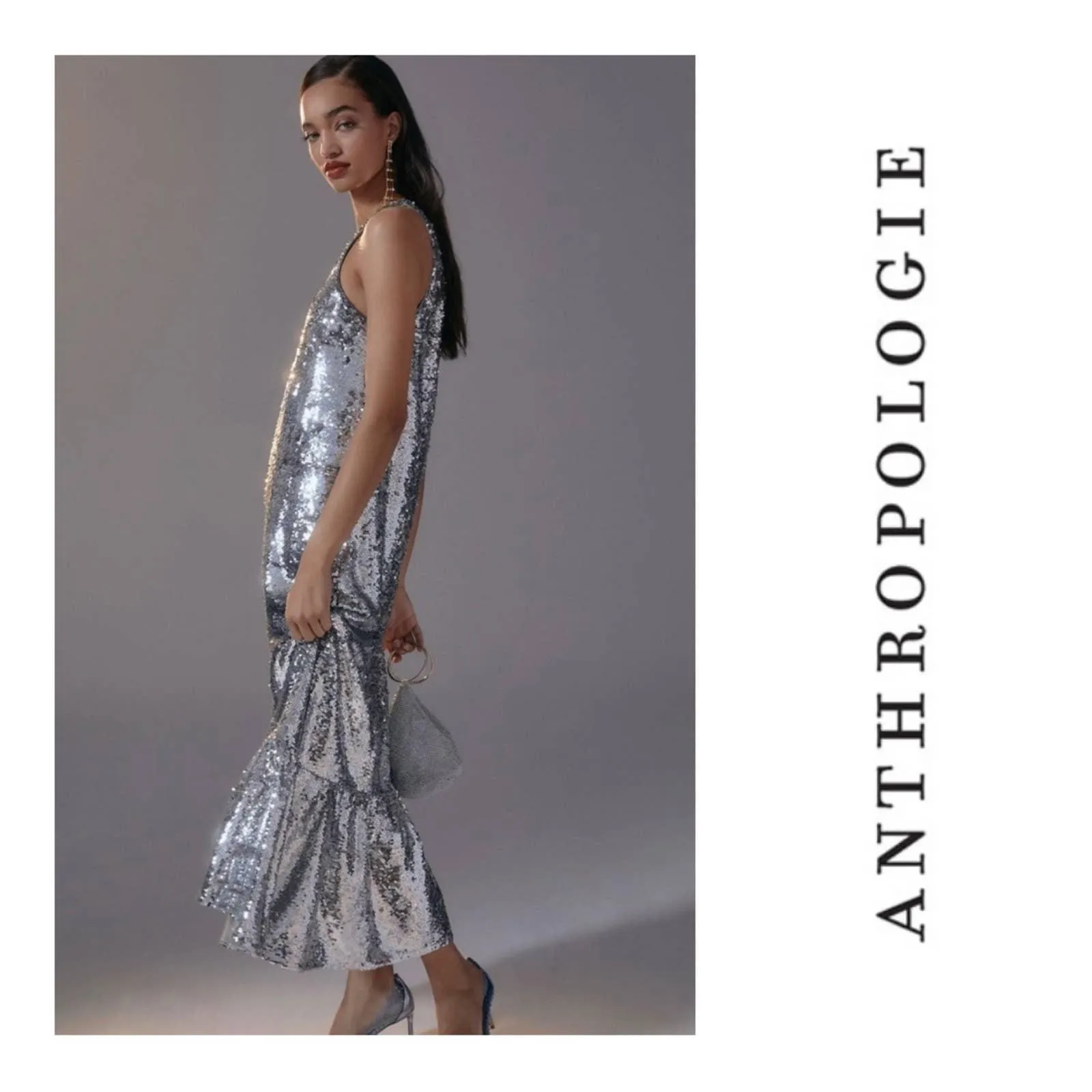 Anthropologie Maeve Sequin One Shoulder Midi Dress Size M New Silver