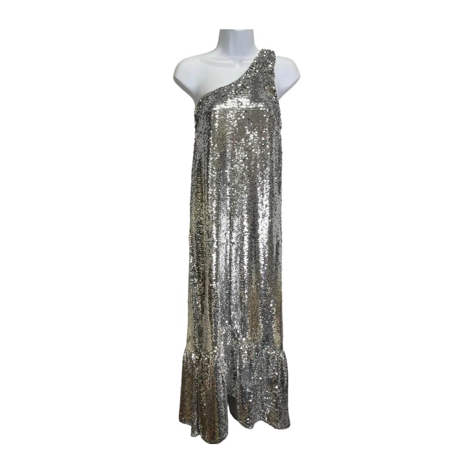 Anthropologie Maeve Sequin One Shoulder Midi Dress Size M New Silver