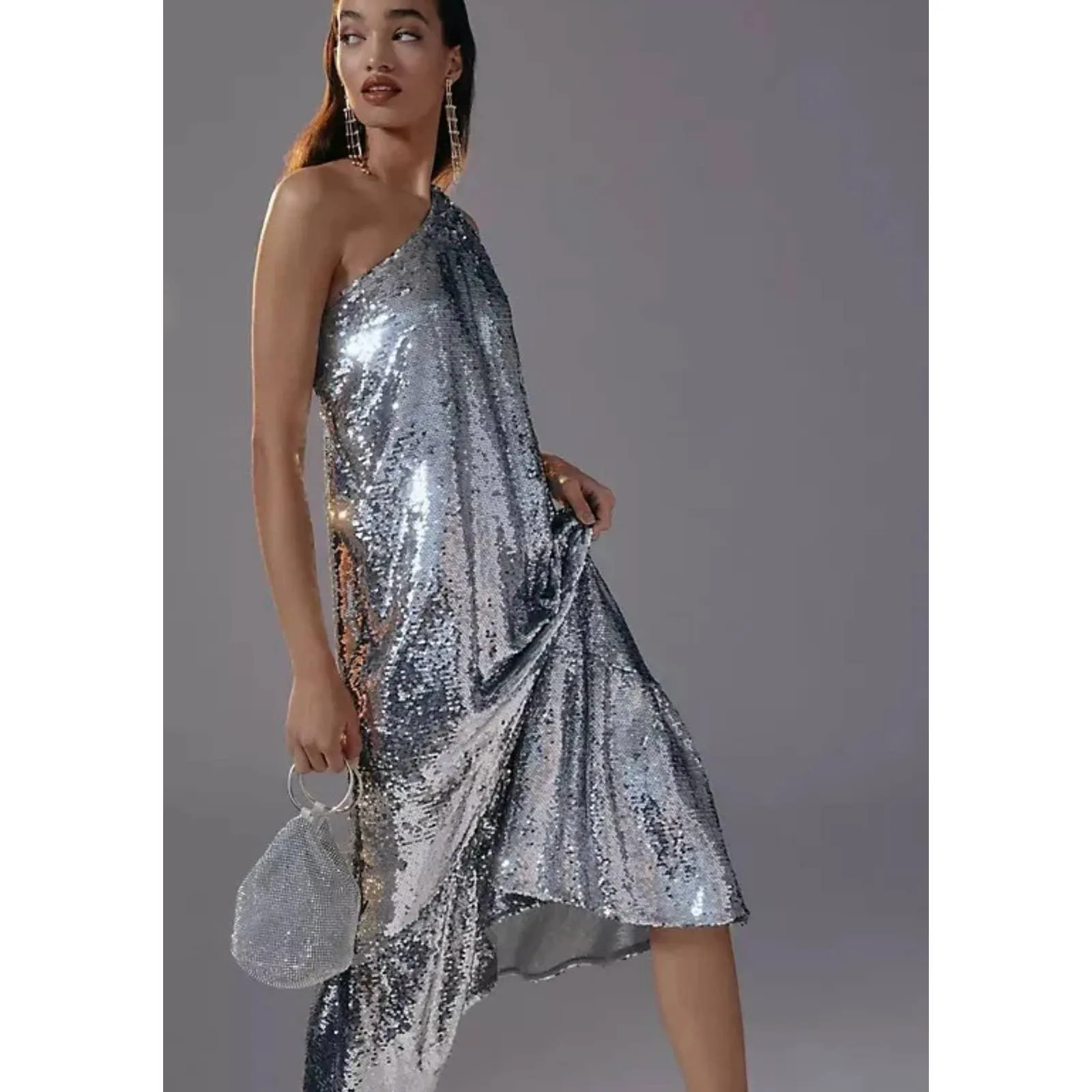 Anthropologie Maeve Sequin One Shoulder Midi Dress Size M New Silver