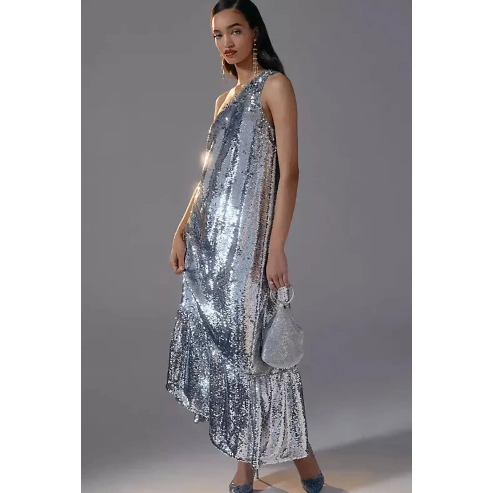 Anthropologie Maeve Sequin One Shoulder Midi Dress Size M New Silver