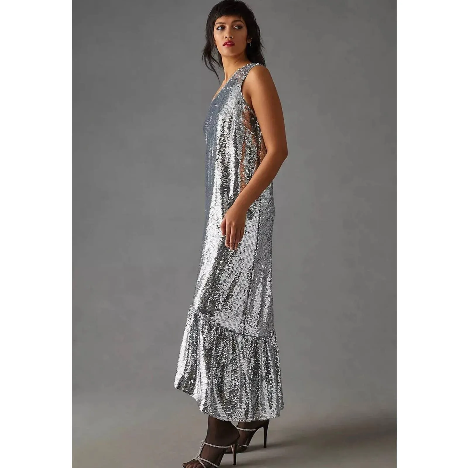 Anthropologie Maeve Sequin One Shoulder Midi Dress Size XL New Silver