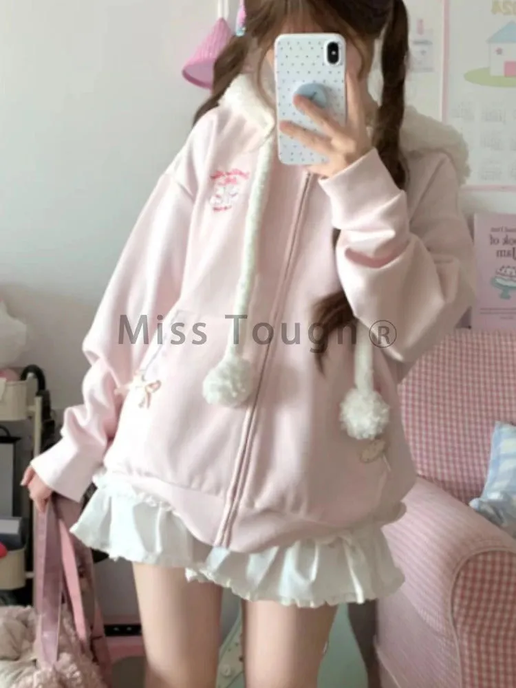Autumn Kawaii Sweet Long Sleeve Loose Coat Women Japanese Cute Zipper Embroidery Hoodie Female Casual Chic Solid Lovely Overcoat