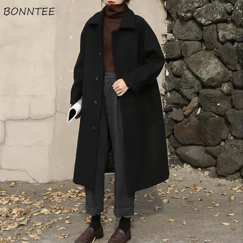 Christmas Gift Women Wool Blends Long Coat Thickening Casual Fashion Warm All-match Single Breasted Slim Overcoat Turn-down Collar Classic Chic