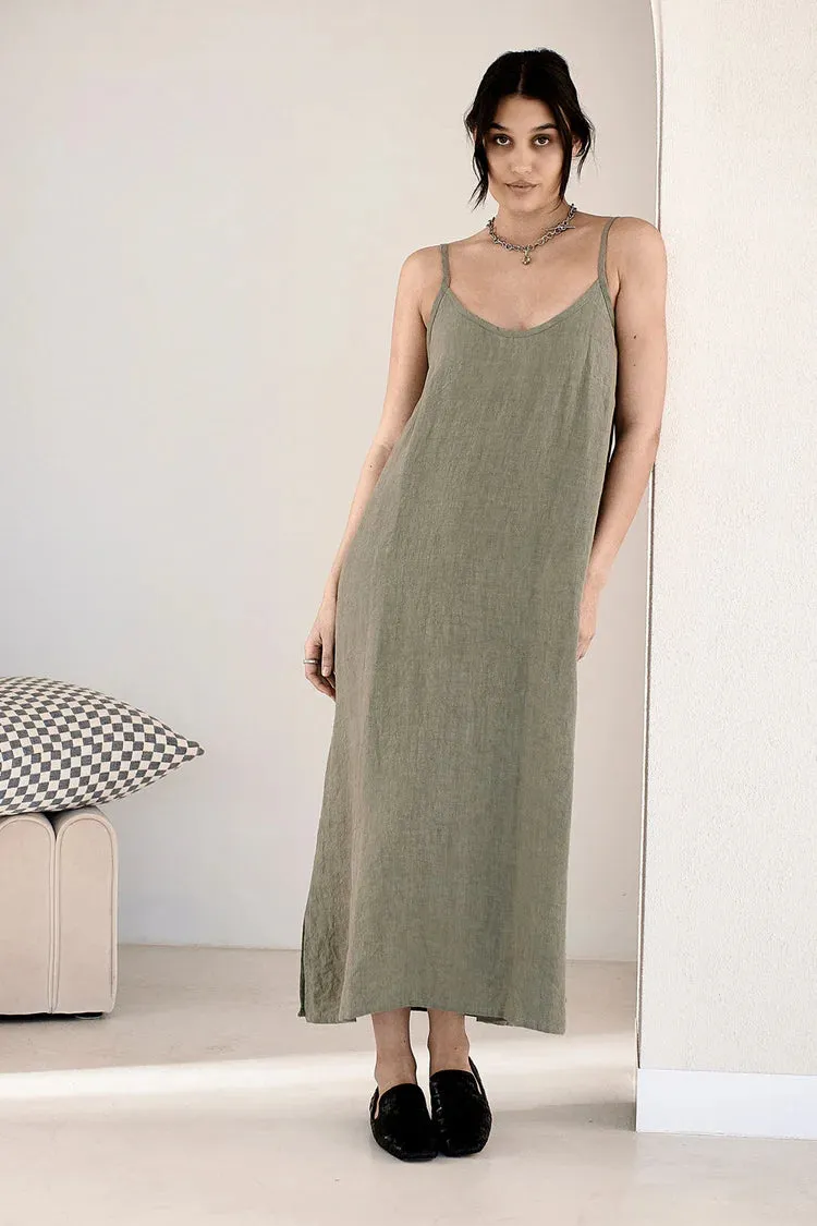 Fundamental Midi Linen Slip Dress -  Pistachio