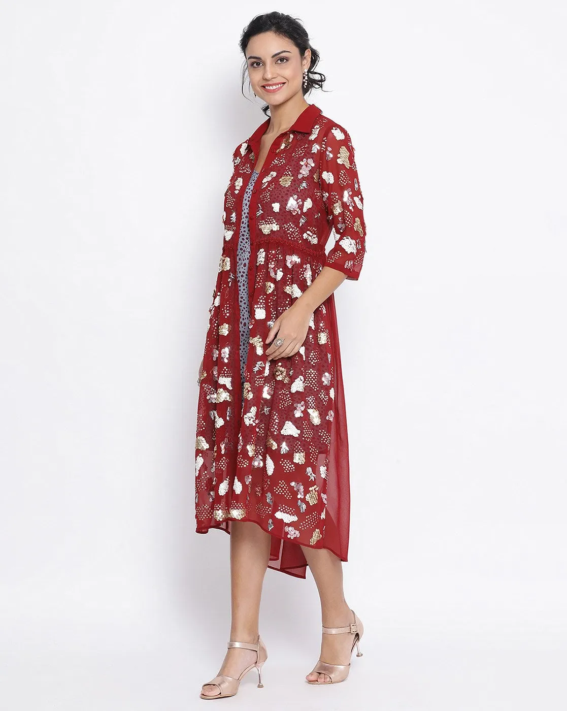 Maroon Georgette Tunic With Multicoloured Embroidery