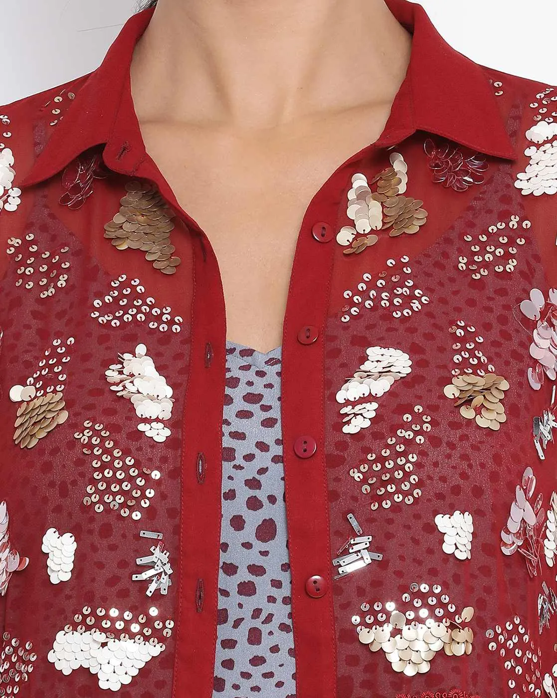 Maroon Georgette Tunic With Multicoloured Embroidery