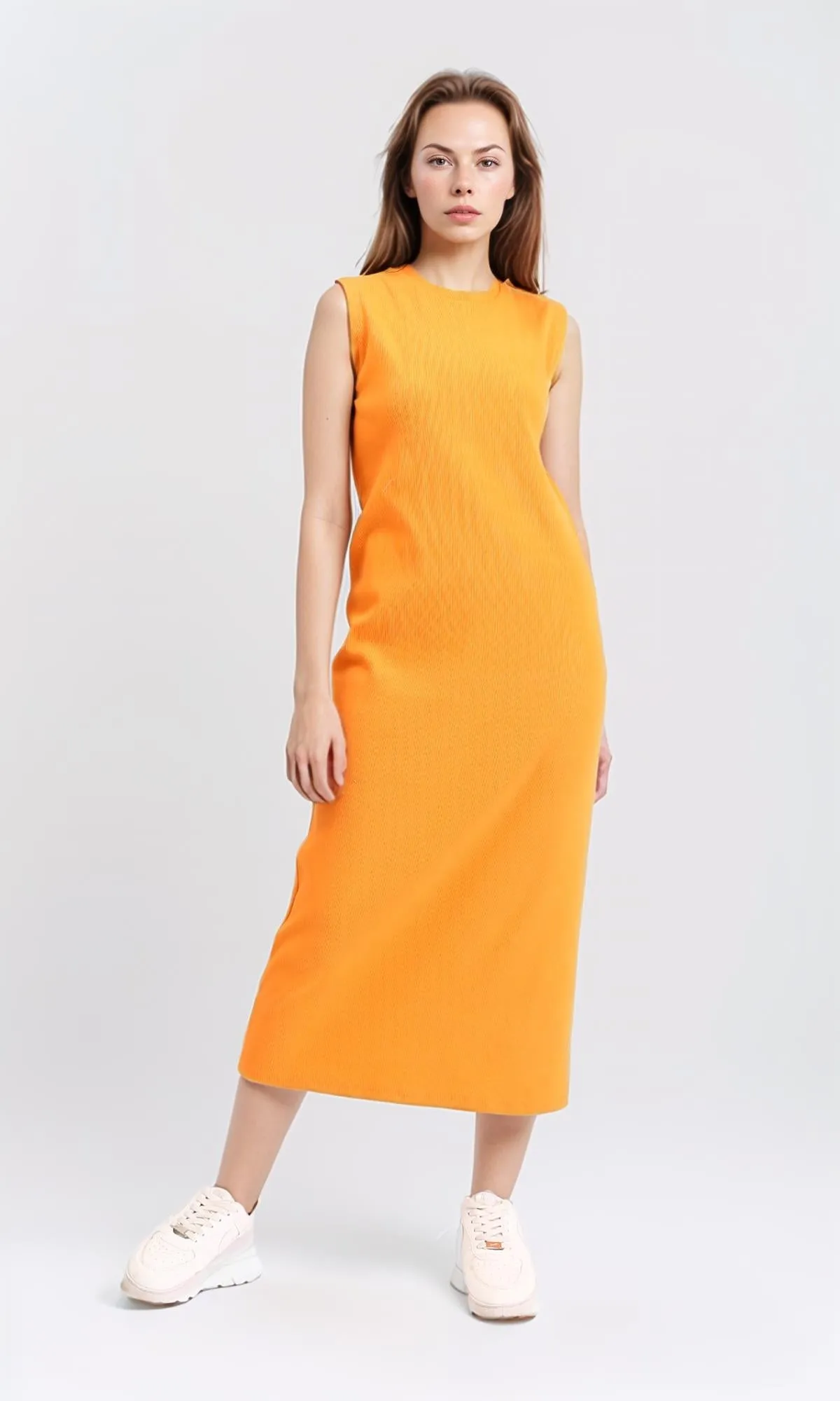 R210663 - Round Neck Sleeveless Midi Dress - Orange