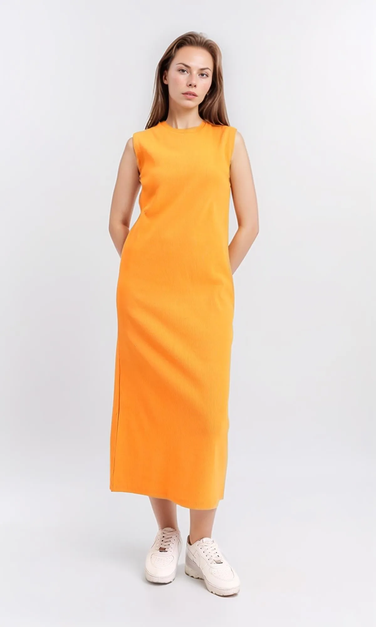 R210663 - Round Neck Sleeveless Midi Dress - Orange