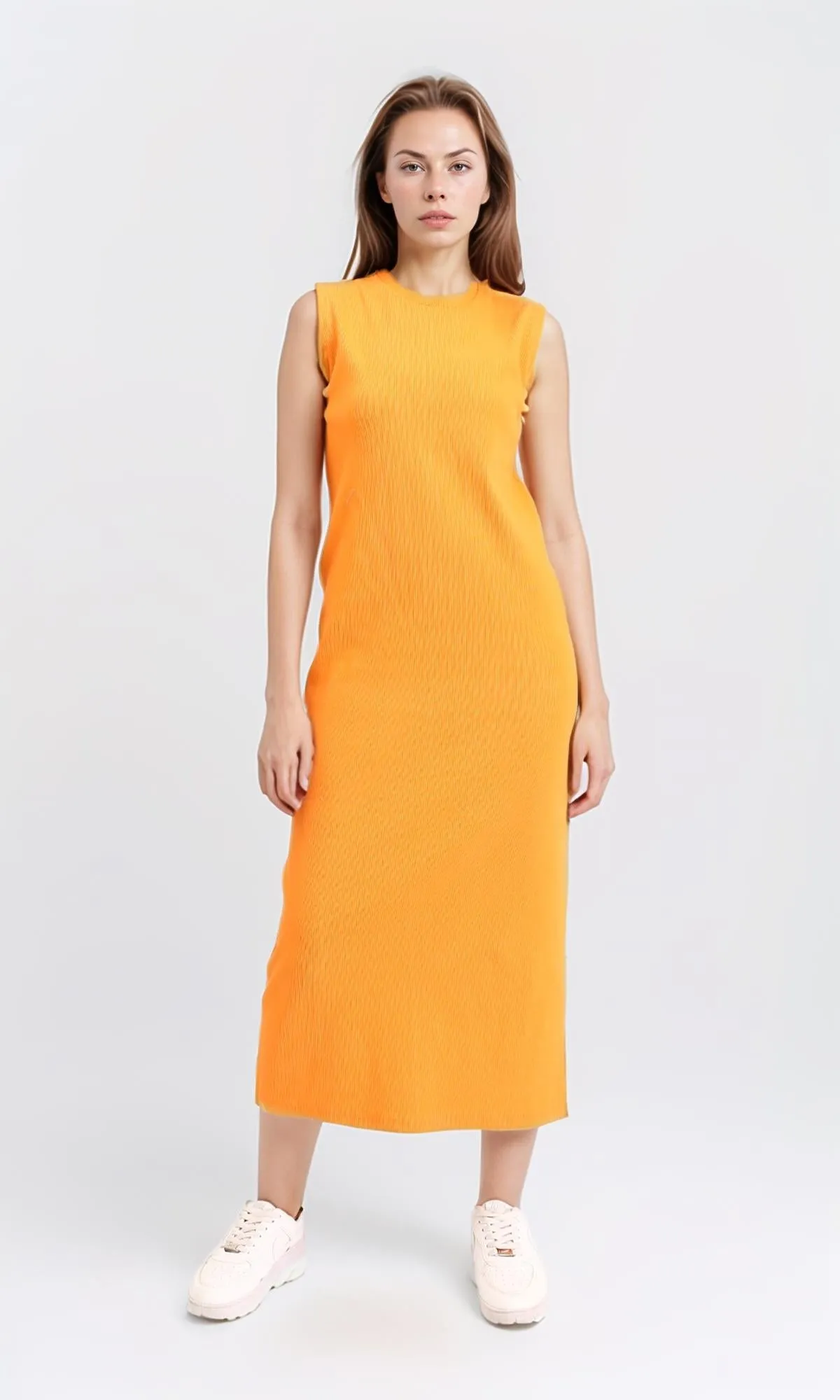 R210663 - Round Neck Sleeveless Midi Dress - Orange