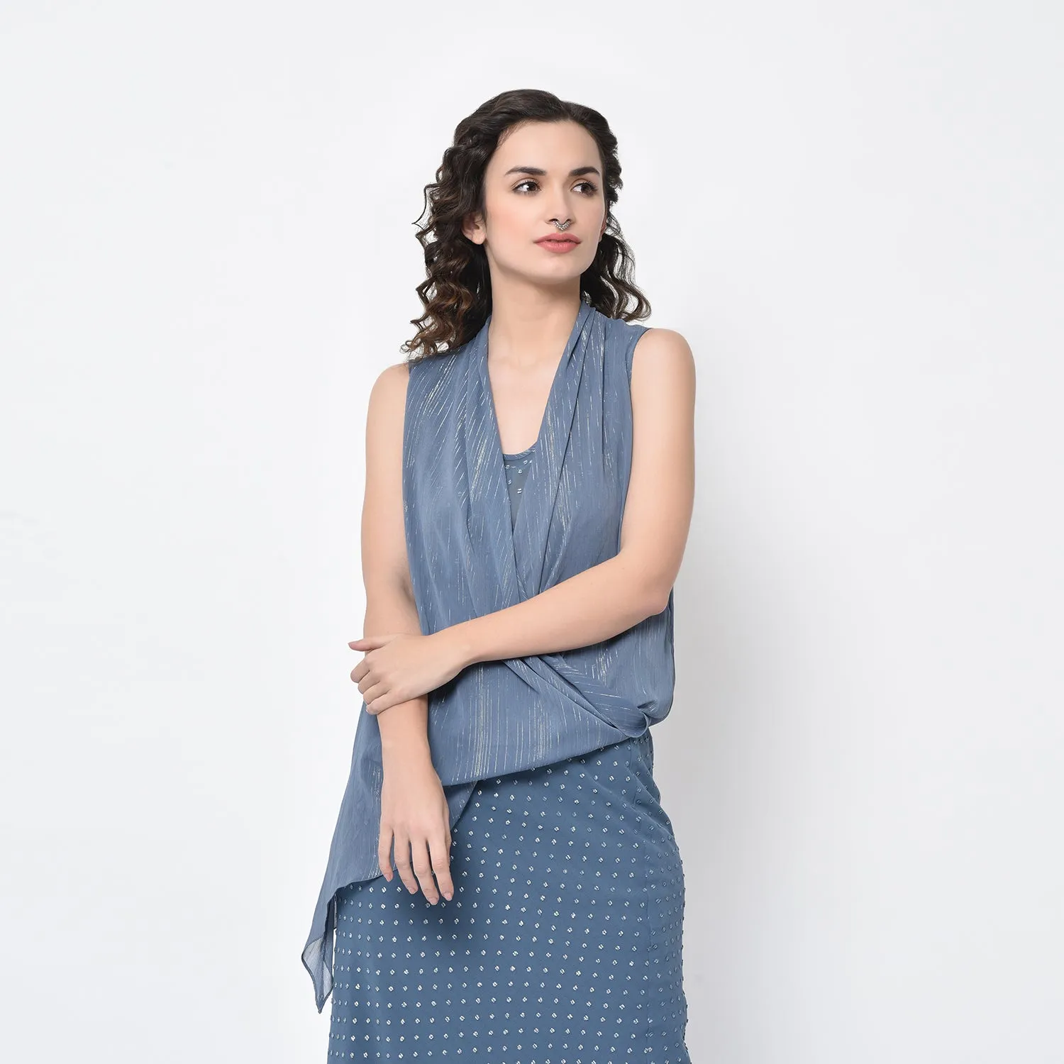 Stone Blue Drape Top With Lurex
