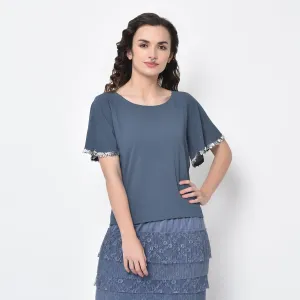 Stone Blue Drape Top With Silver Hand Embroidery