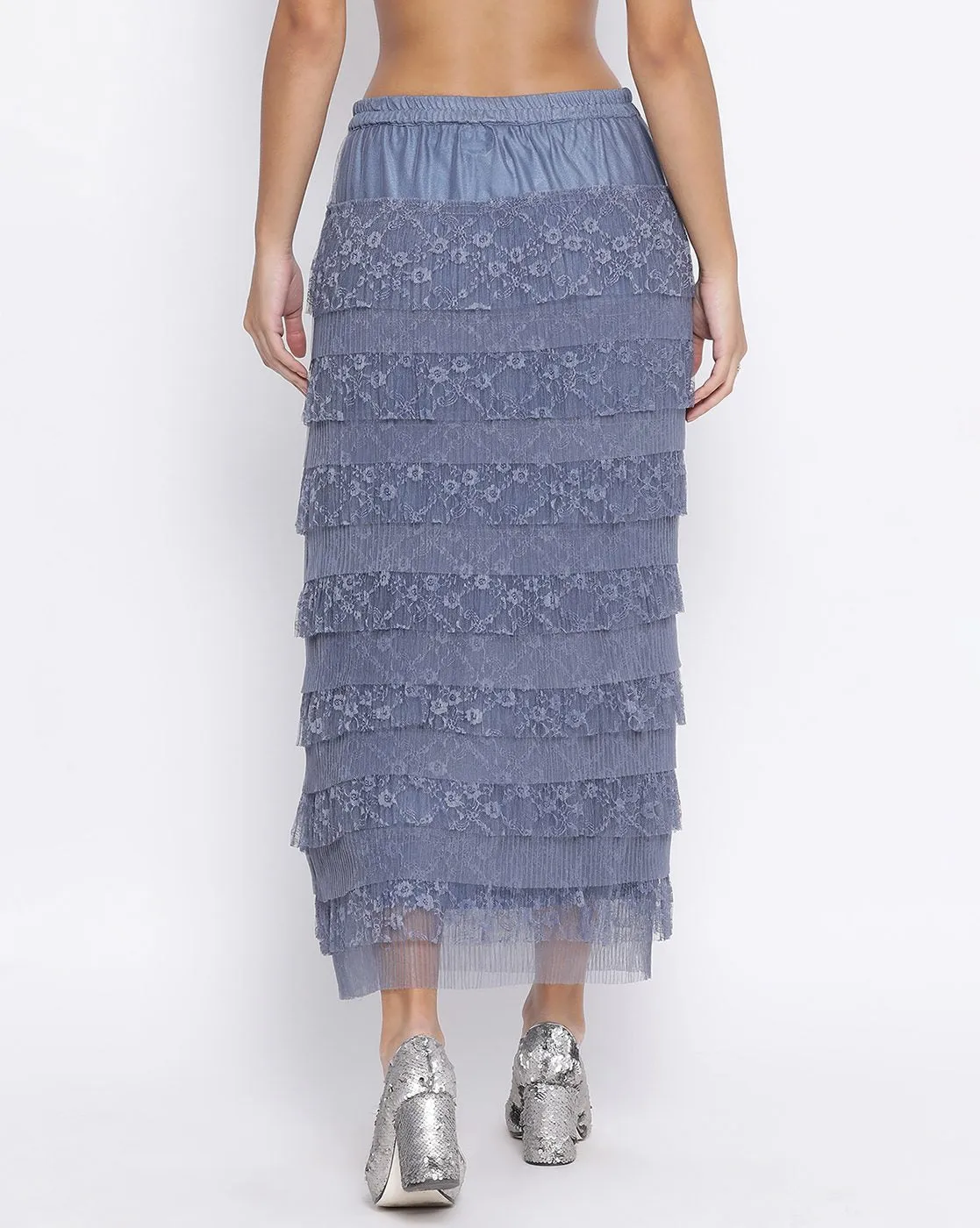 Stone Blue Lace Frill Net Skirt