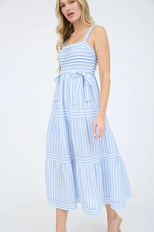 STRIPE TIE DETAIL SLEEVELESS TIERED MIDI DRESS