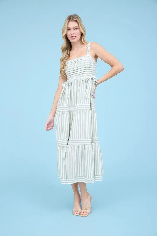 STRIPE TIE DETAIL SLEEVELESS TIERED MIDI DRESS