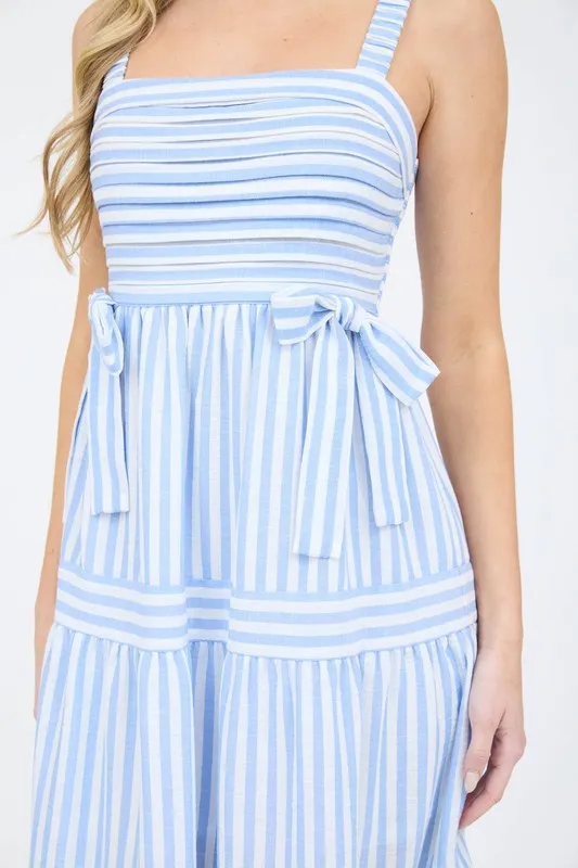 STRIPE TIE DETAIL SLEEVELESS TIERED MIDI DRESS