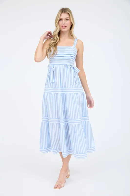 STRIPE TIE DETAIL SLEEVELESS TIERED MIDI DRESS