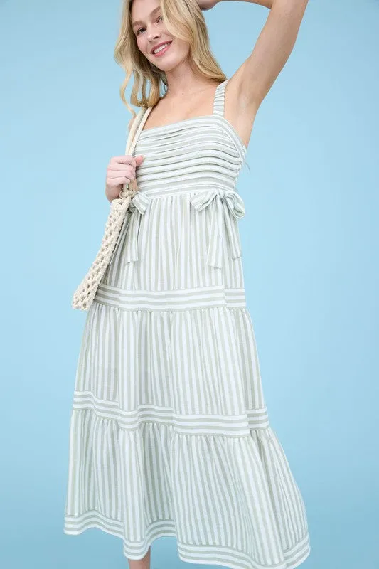 STRIPE TIE DETAIL SLEEVELESS TIERED MIDI DRESS