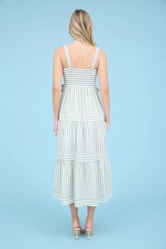 STRIPE TIE DETAIL SLEEVELESS TIERED MIDI DRESS