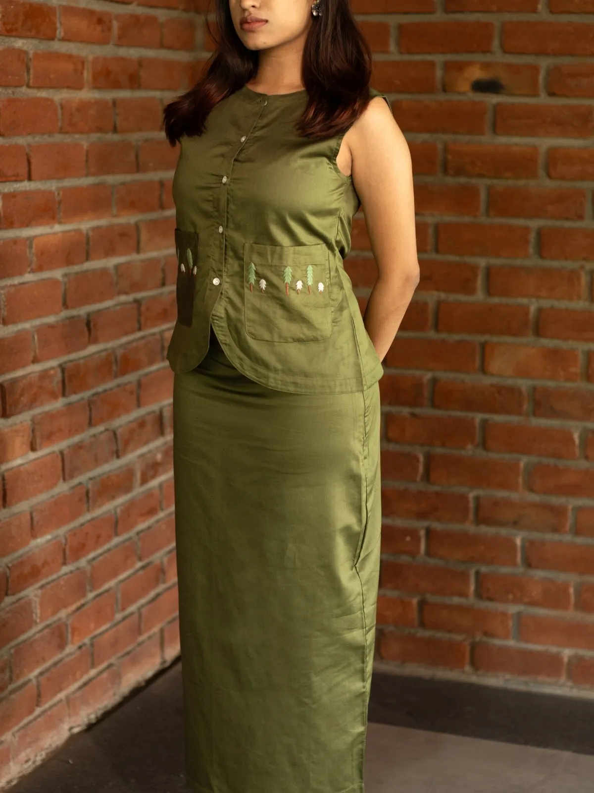 Vest Skirt Trees Set - Olive Green