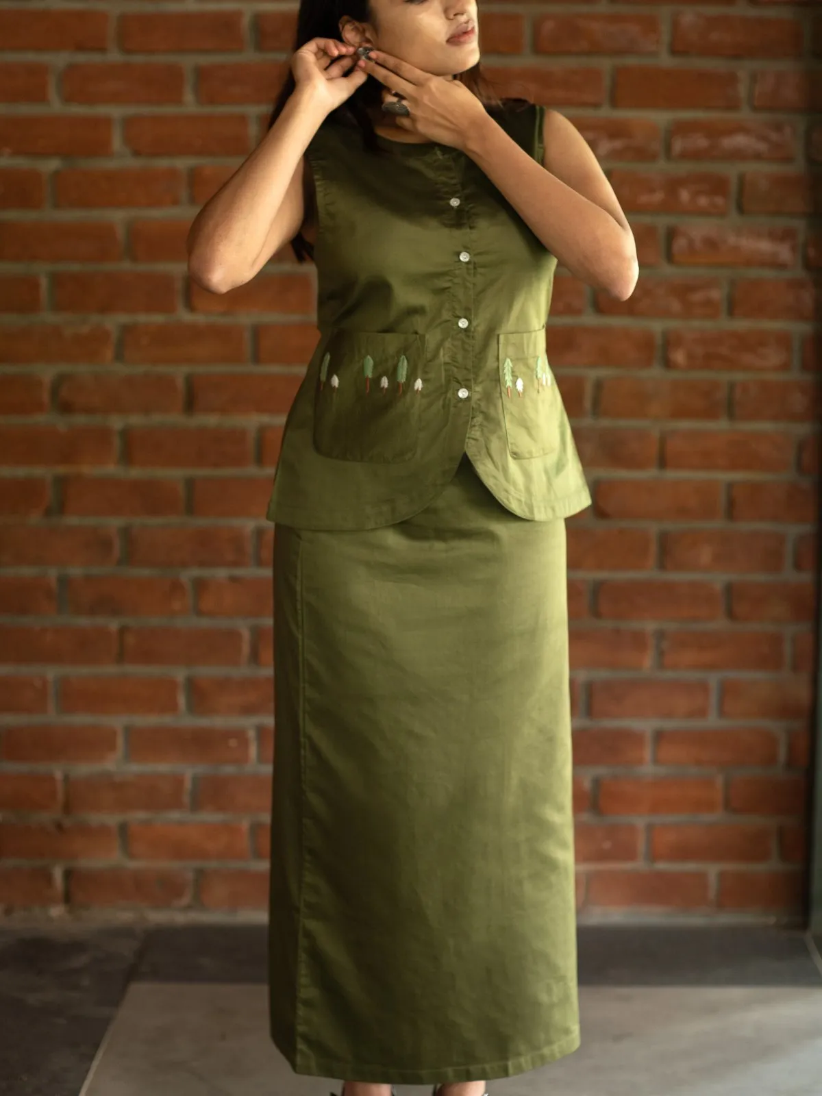 Vest Skirt Trees Set - Olive Green